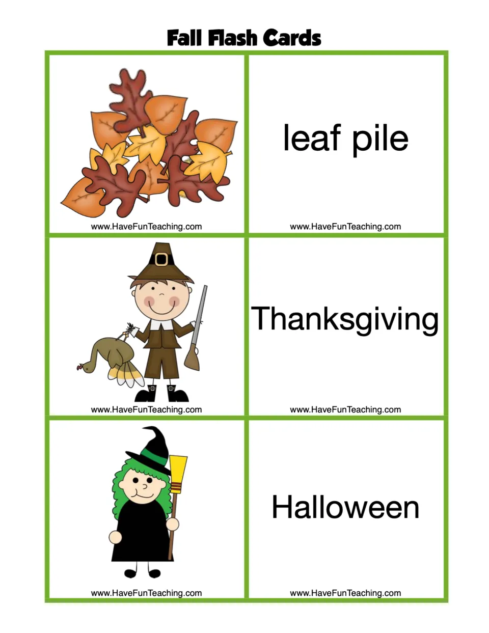 Fall flash card sheet pairs pictures with the words leaf pile, Thanksgiving, and Halloween for seasonal review