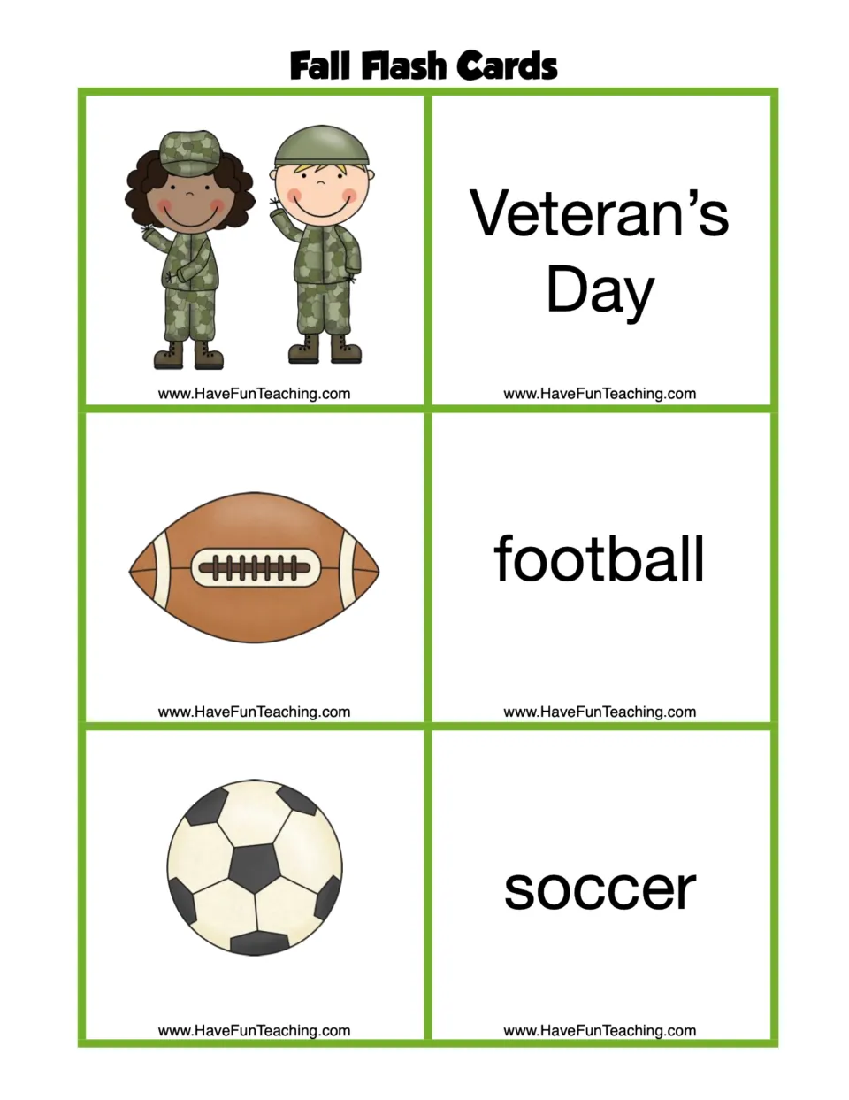 Fall flash card sheet pairs pictures of soldiers, a football, and a soccer ball with seasonal vocabulary