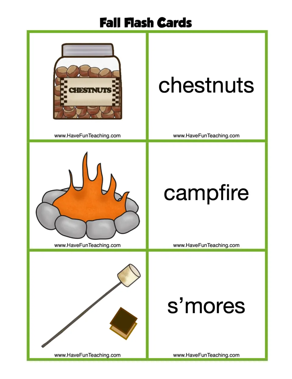 Fall flash card sheet pairs pictures with the words chestnuts, campfire, and s’mores for seasonal vocabulary