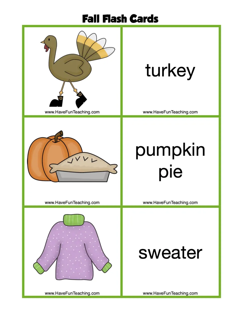 Fall flash card sheet pairs pictures with the words turkey, pumpkin pie, and sweater for seasonal vocabulary