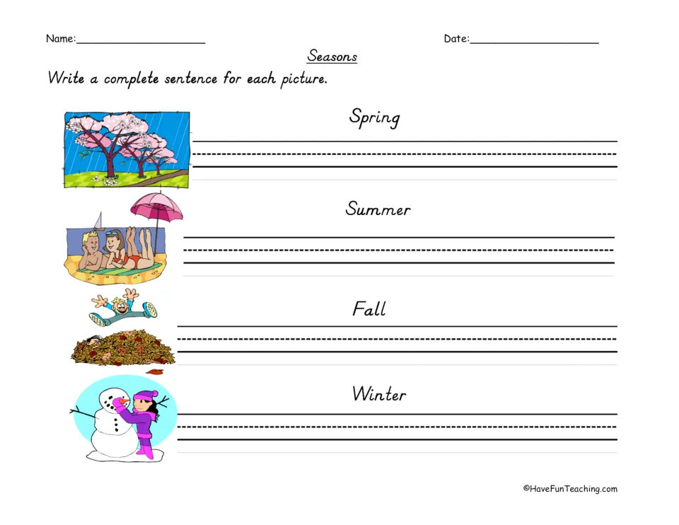 Seasonal sentence-writing practice: spring blossoms, summer beachgoers, fall leaves, and a winter snowman.