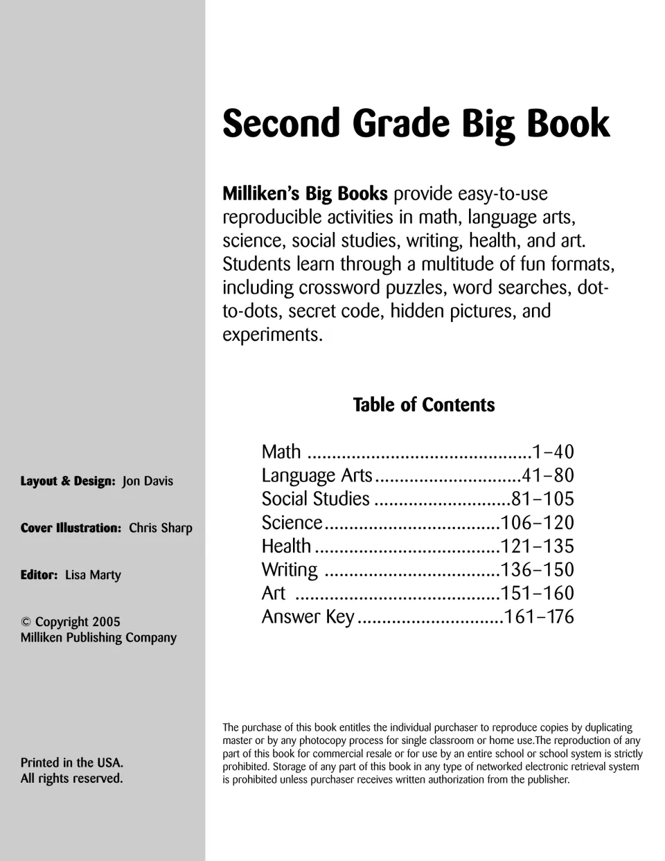 Title page and table of contents: math, language arts, social studies, science, health, writing, art and answer key sections
