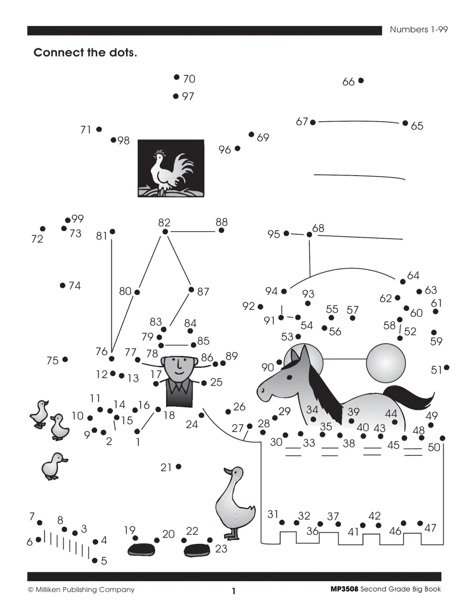 Numbers 1-99 dot-to-dot: students connect the dots in counting order to complete a farm scene with a horse and farmer