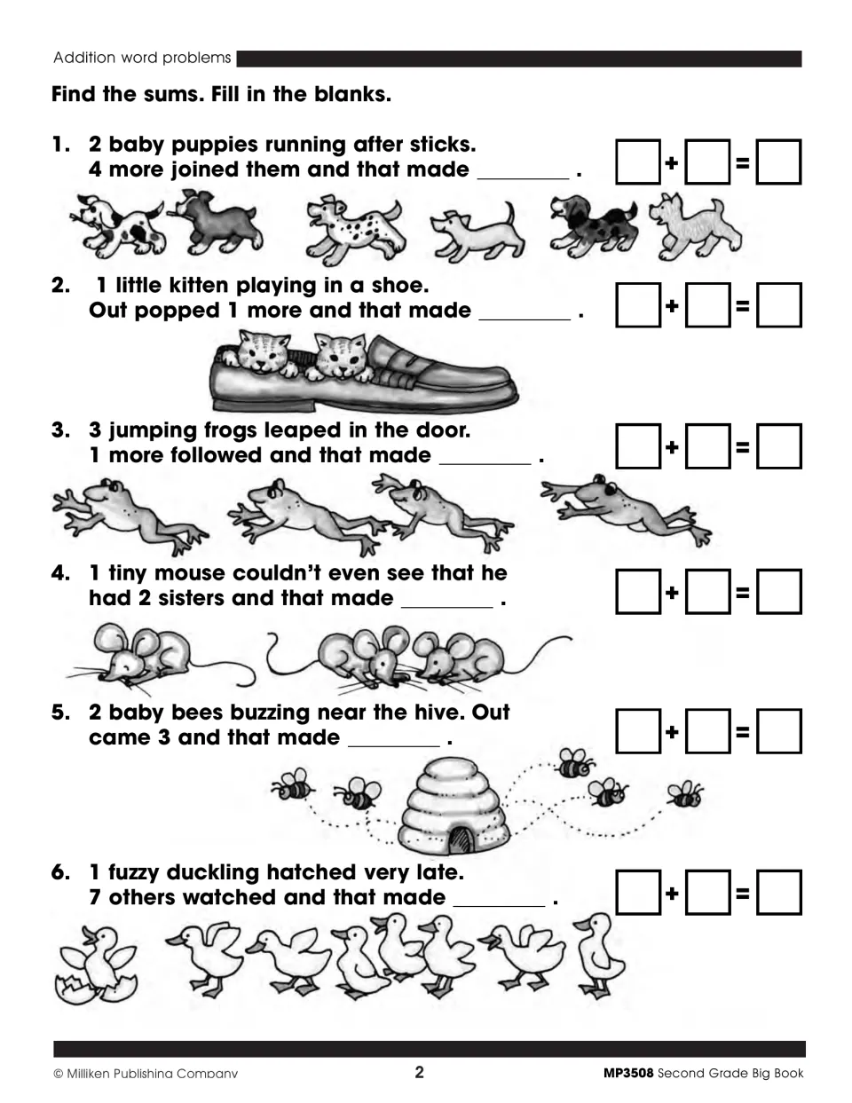 Addition word problems: students find sums for six animal rhymes about puppies, kittens, frogs, mice, bees and ducklings