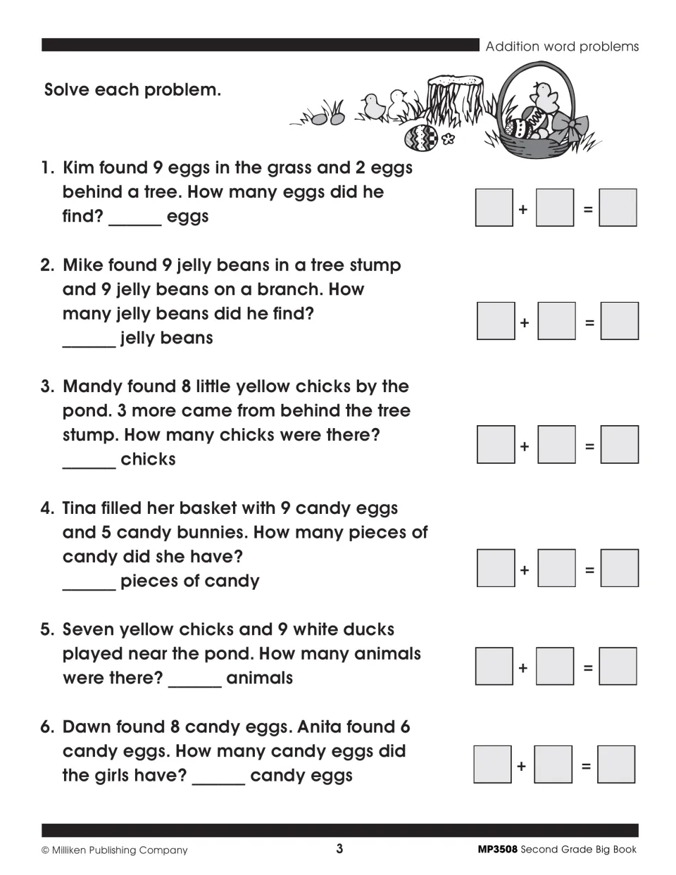 Addition word problems: students solve six egg, chick and candy story problems and write each as a number sentence