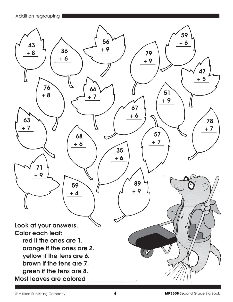 Addition with regrouping: students solve 2-digit plus 1-digit sums on leaves, then color each leaf by its tens or ones