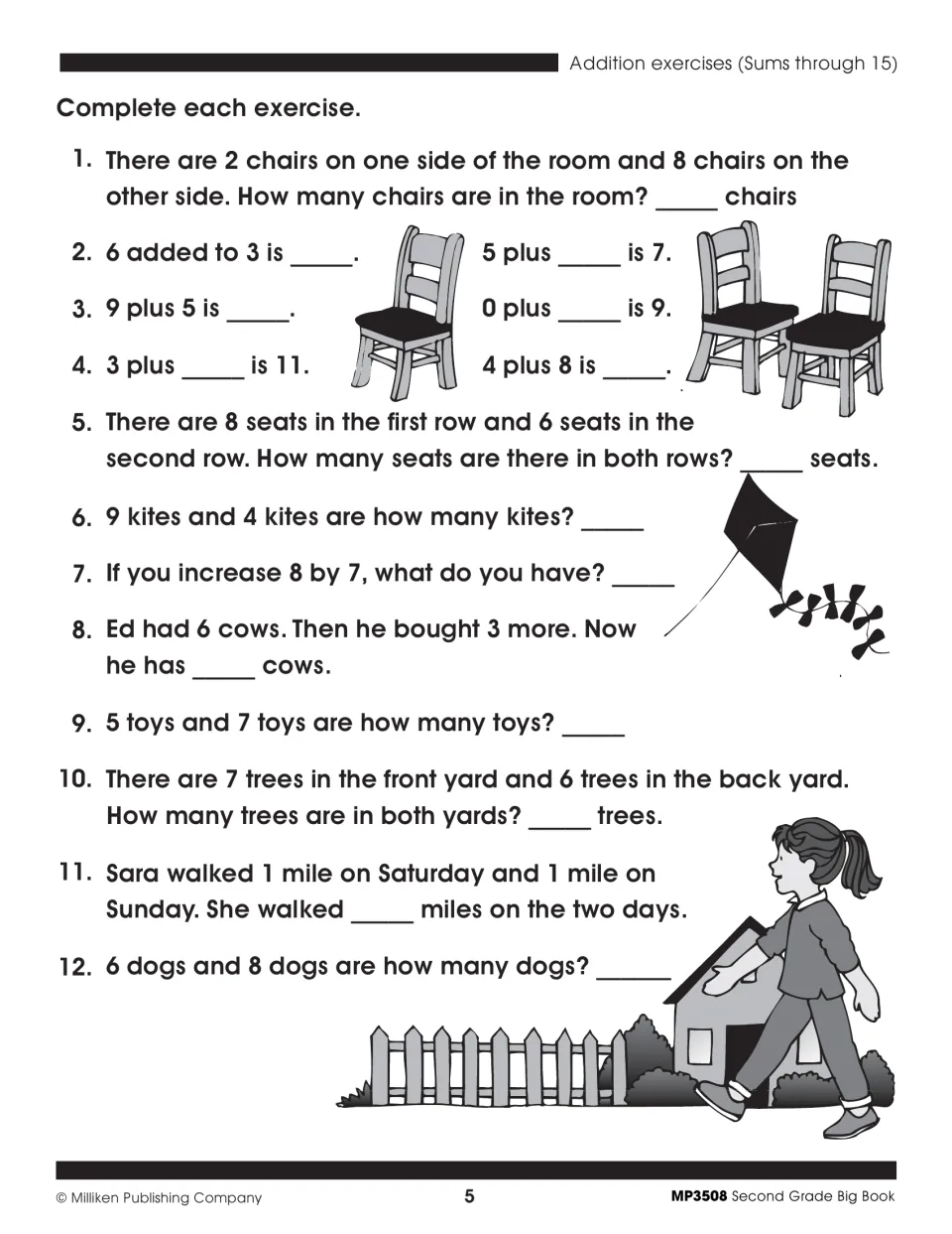 Addition exercises with sums through 15: students complete 12 items: story problems and fill-in-the-blank plus sentences