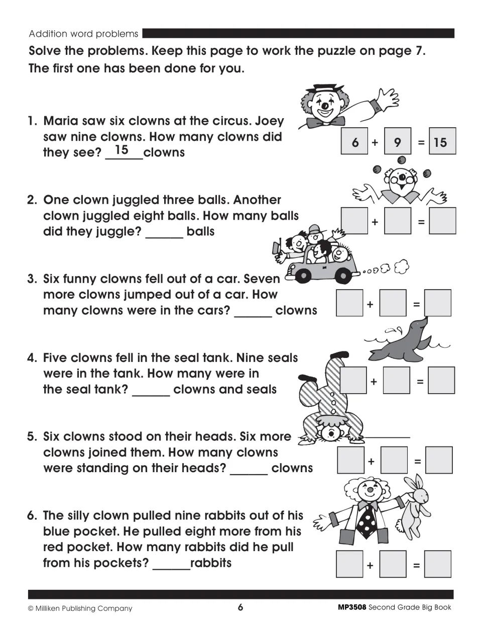 Circus addition word problems: students solve six clown story problems, with the first one done as an example