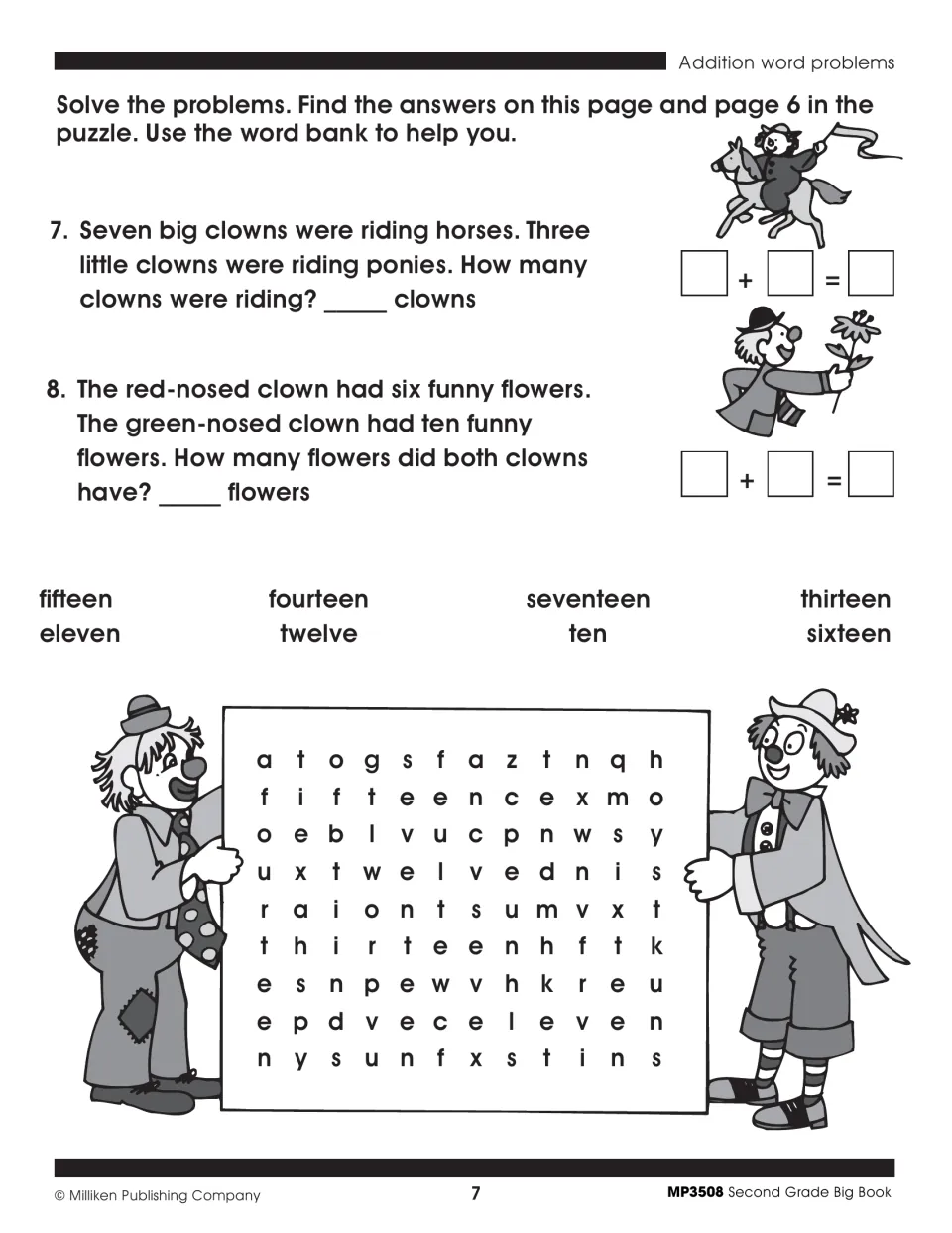Addition word problems 7-8 about clowns, then a word search where students find the number words for their answers