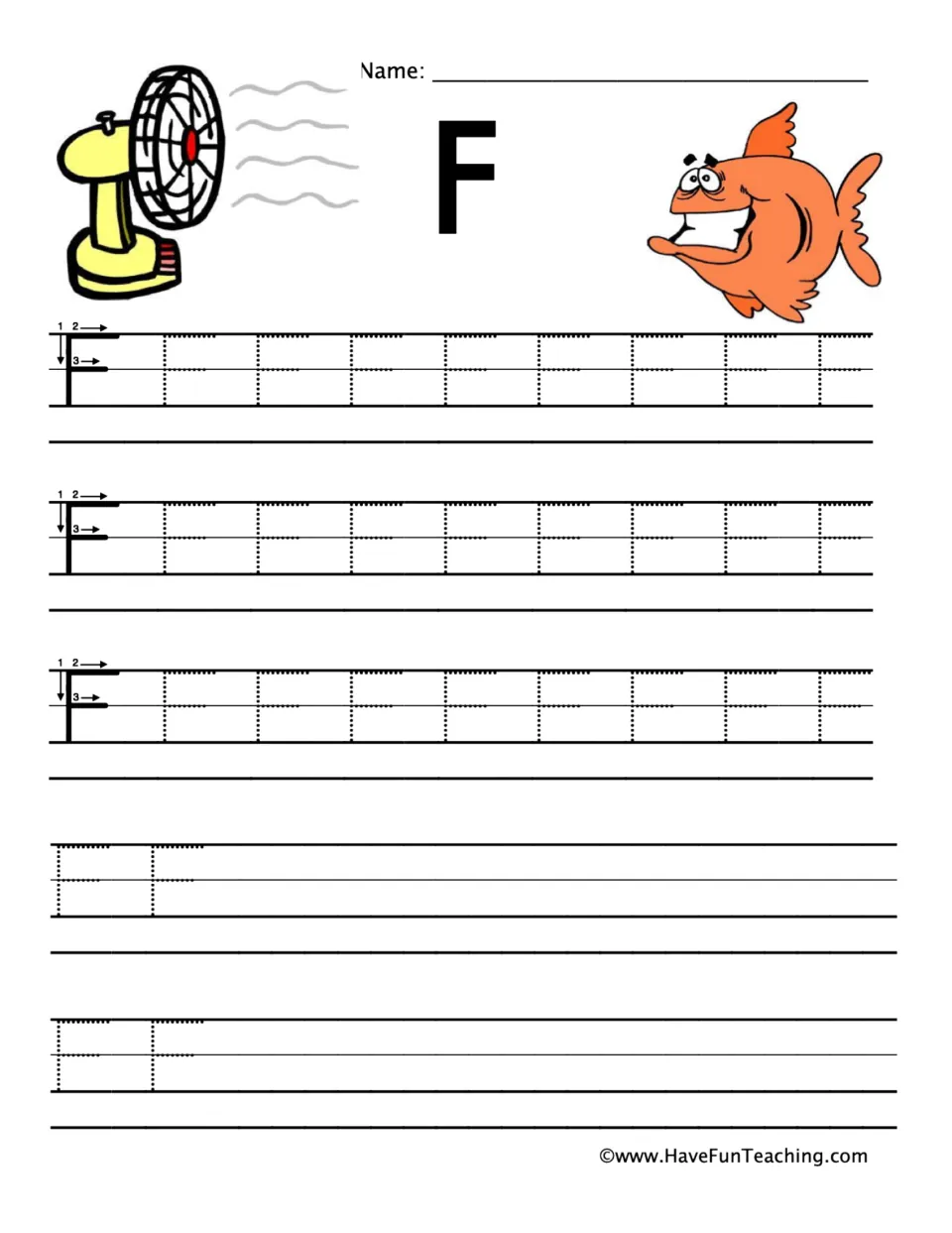 Letter F handwriting: students trace dotted capital F's from a three-stroke model and add their own, with a fan and a fish