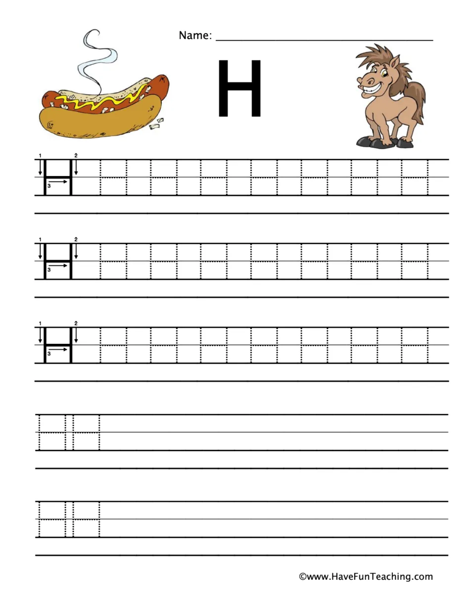 Letter H handwriting: students trace dotted capital H's using three numbered strokes, then print; hot dog and horse art
