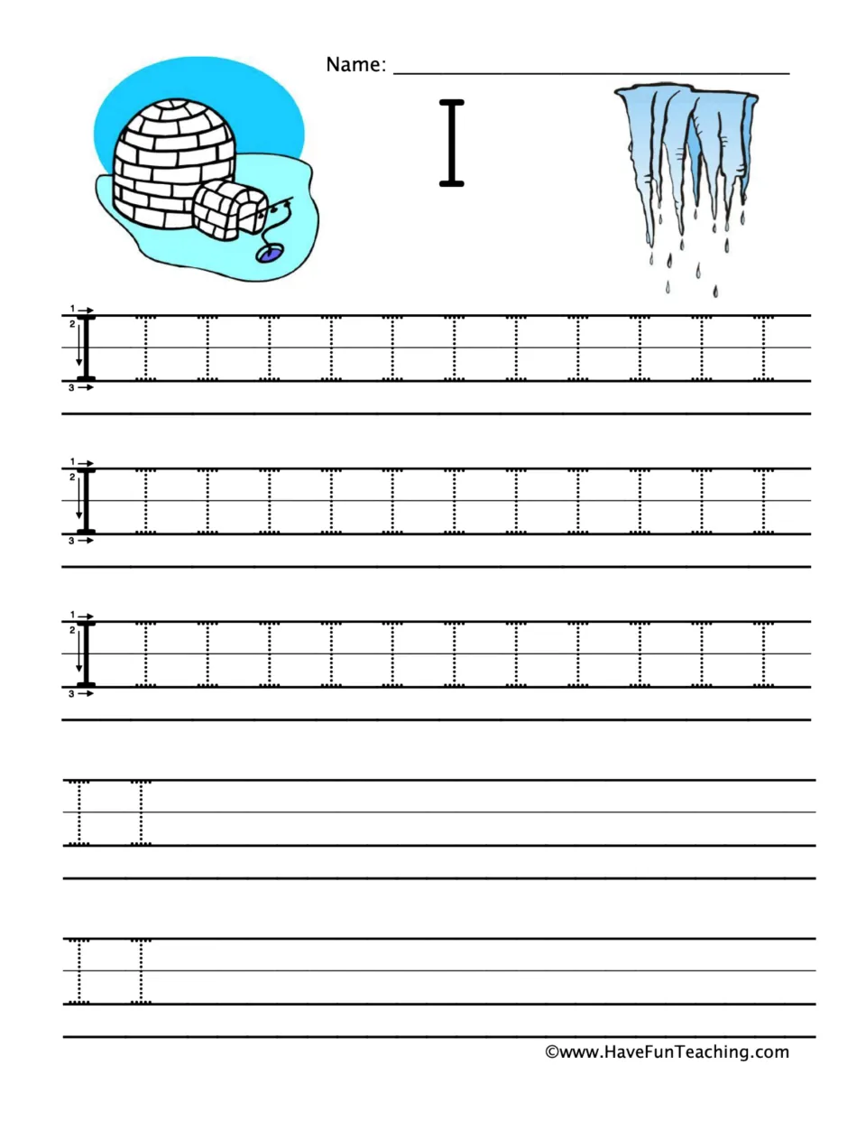 Letter I handwriting: students trace capital I's with top and bottom bars per the stroke model, beside igloo and icicles