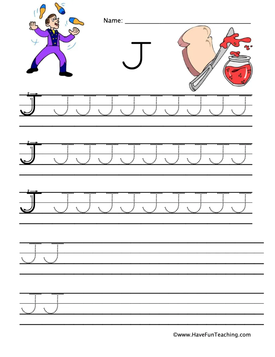Letter J handwriting: students trace dotted capital J's, hook then top bar, then write; a juggler and jelly on bread