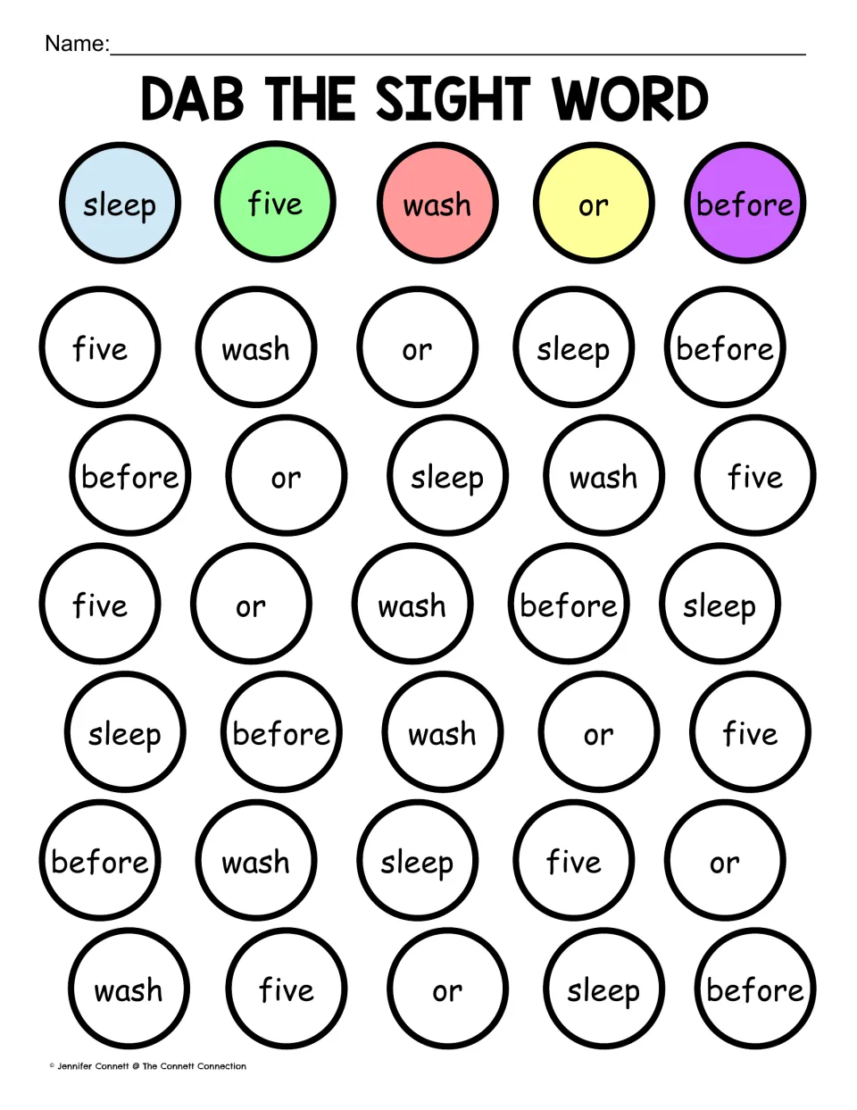 Dab the sight word with sleep, five, wash, or and before: students find each word and dab it in its key color