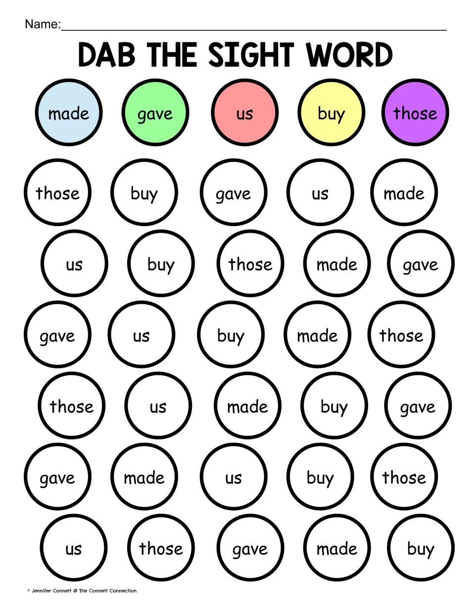Sight words made, gave, us, buy and those: students locate each word in the rows and dab it the color its key shows