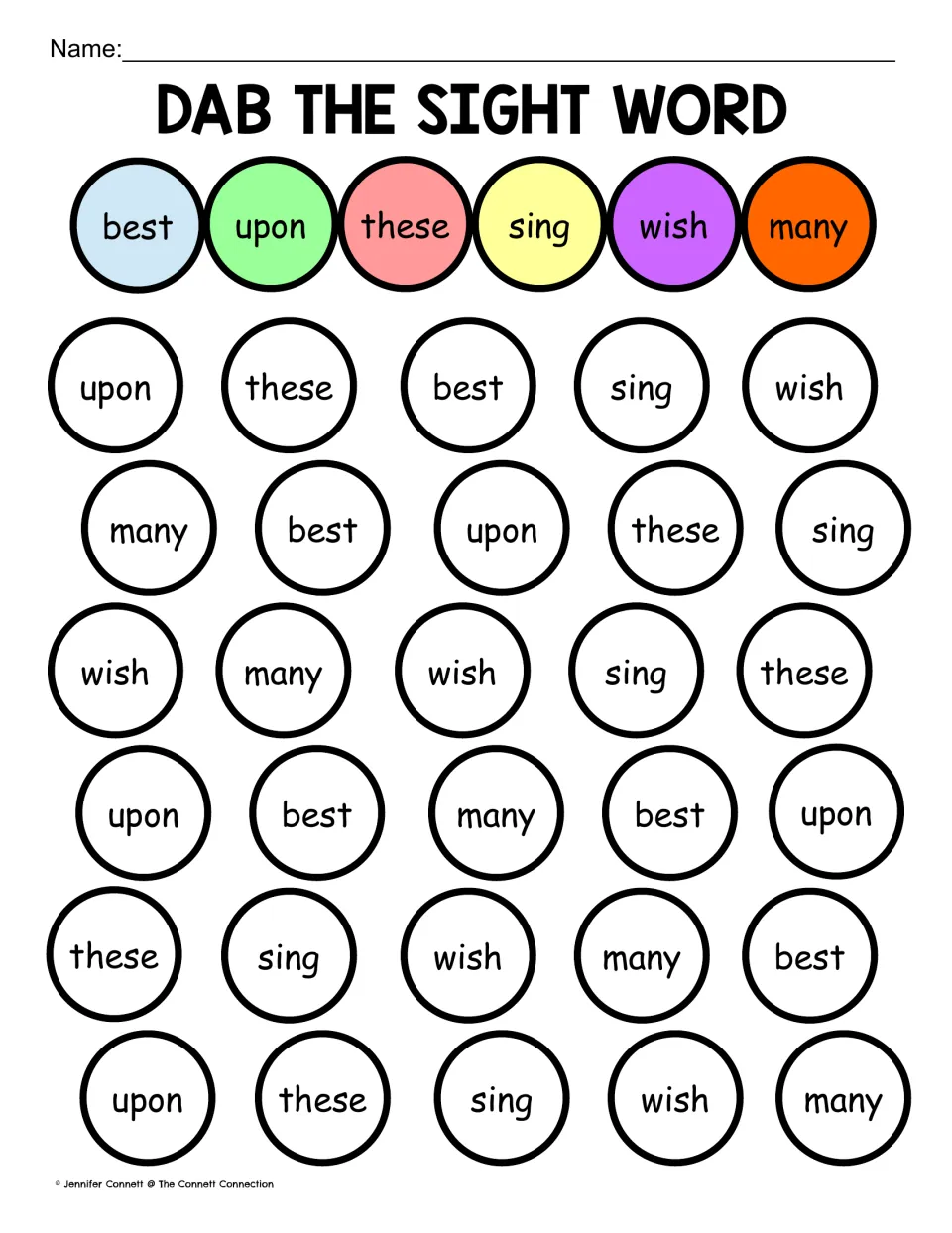 Six-word dab page for best, upon, these, sing, wish and many: students dab each word in its matching key color