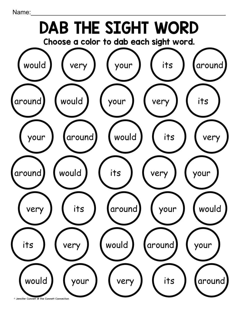 Dab the sight word without a key for would, very, your, its and around: students choose a color for each word