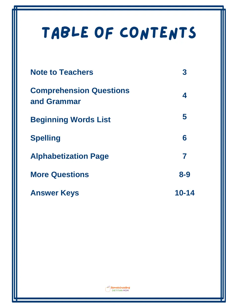 Table of contents listing questions and grammar, beginning words list, spelling, alphabetizing and answer keys