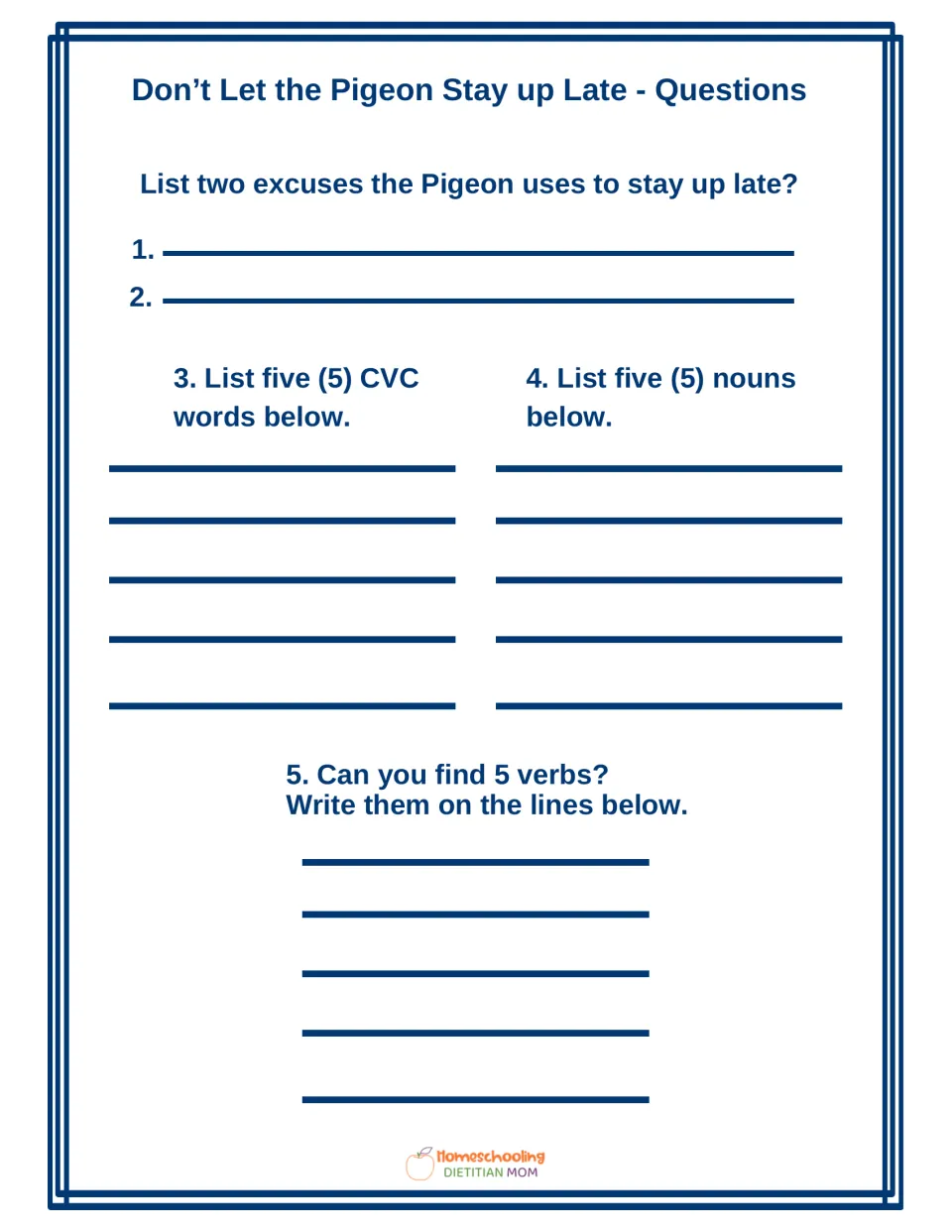 Pigeon story questions: students list two bedtime excuses, then write five CVC words, five nouns and five verbs