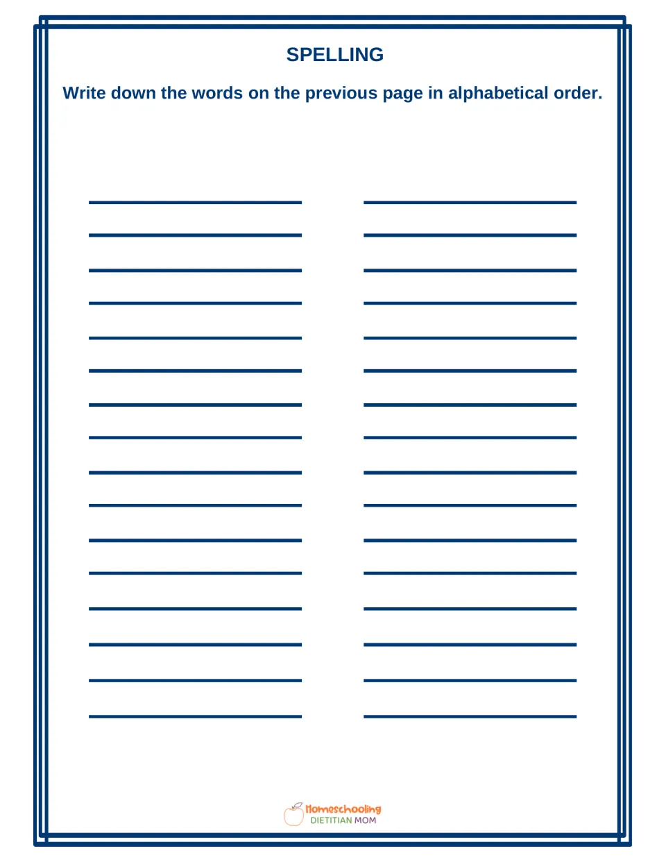 Alphabetical order practice: students write the spelling words from the previous page in ABC order