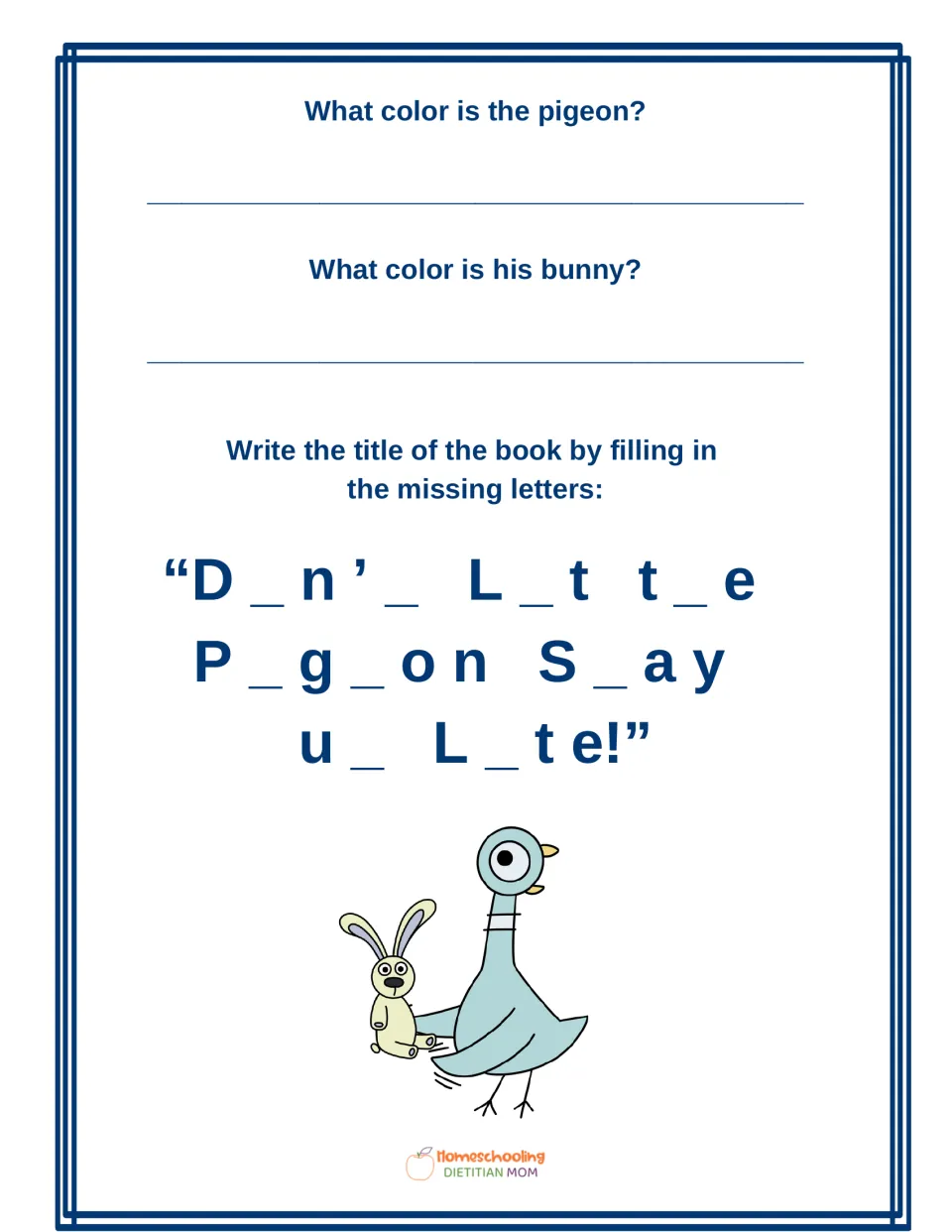 Story details: students name the colors of the pigeon and his bunny, then fill in missing letters to spell the book title
