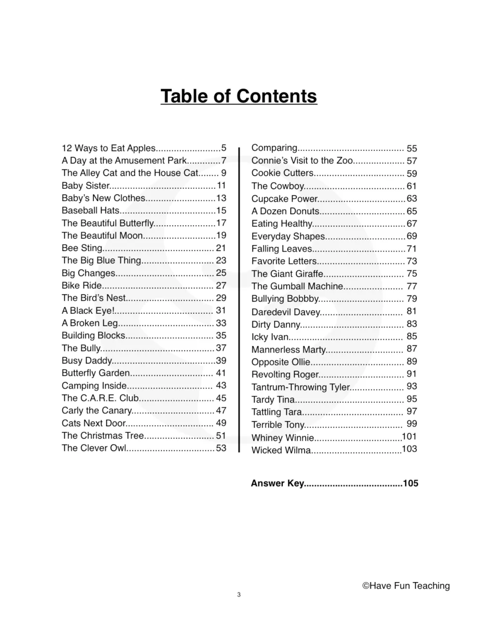Table of contents listing 50 story titles from 12 Ways to Eat Apples to Wicked Wilma, with the answer key on page 105