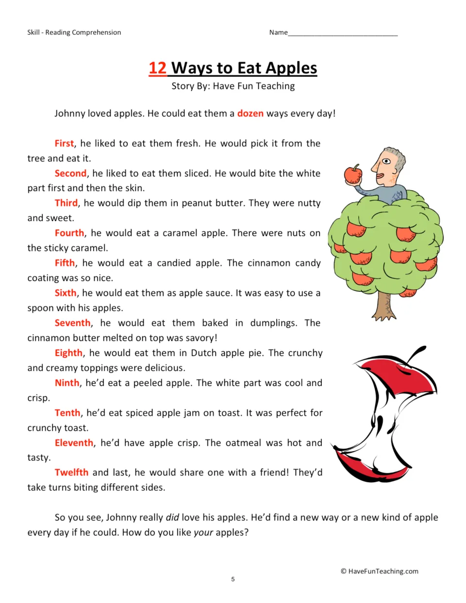 12 Ways to Eat Apples story: Johnny eats apples a dozen ways, with first through twelfth highlighted as sequence words