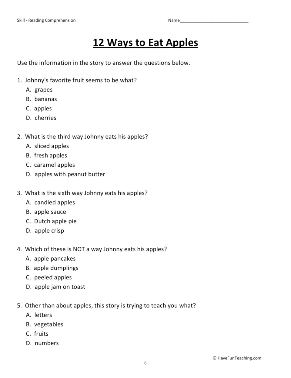 12 Ways to Eat Apples quiz: students answer 5 multiple-choice questions recalling the order of ways Johnny eats apples