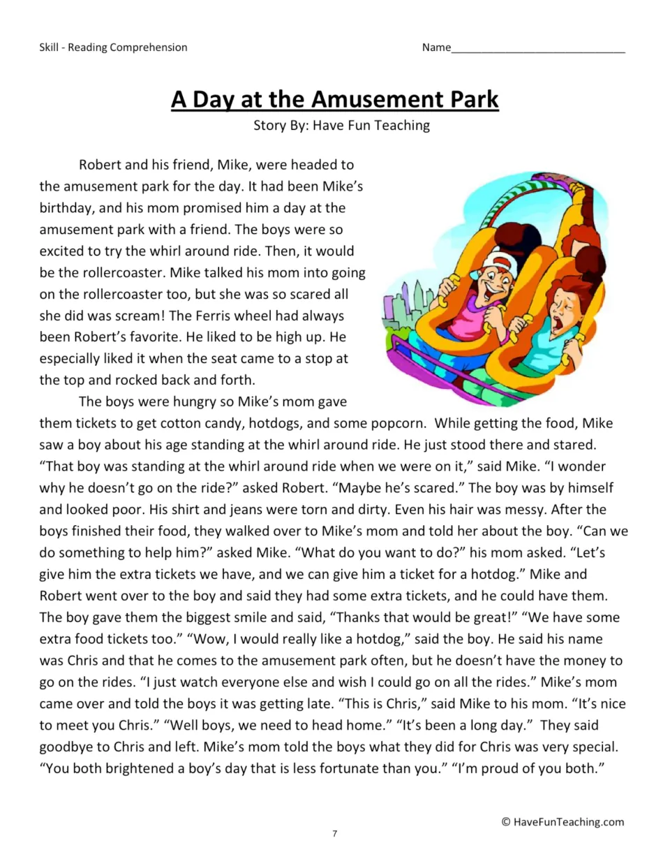 A Day at the Amusement Park story: Mike and Robert enjoy rides, then share extra tickets with a boy named Chris