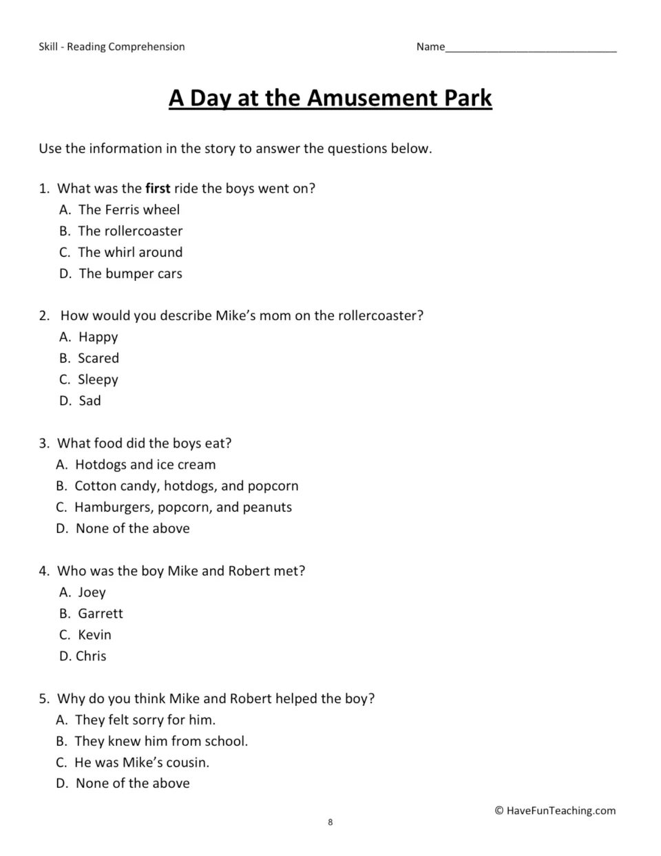 Amusement park questions: students answer 5 multiple-choice items on the first ride, food eaten and why the boys helped