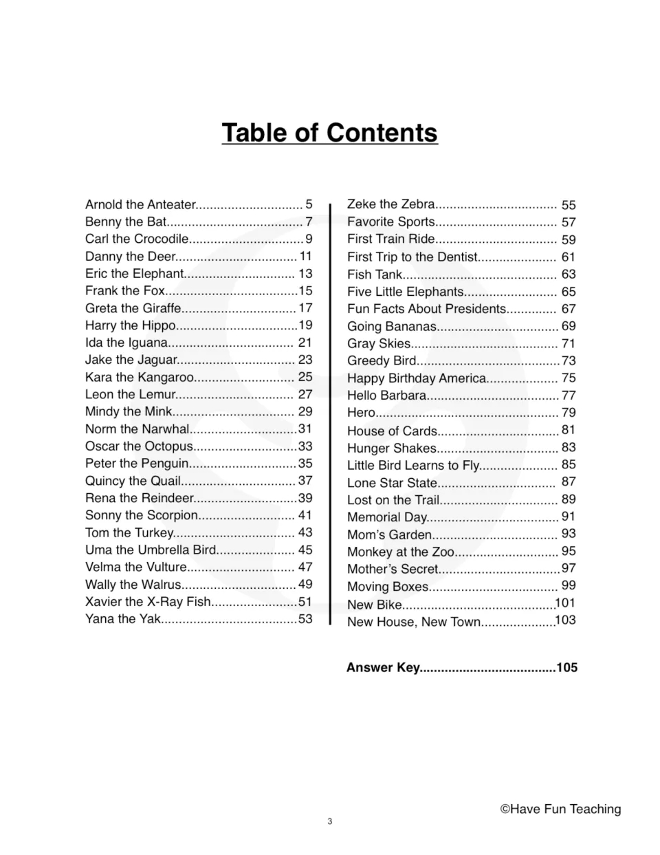 Table of contents listing 50 story titles, from Arnold the Anteater to New House, New Town, with answer key on page 105