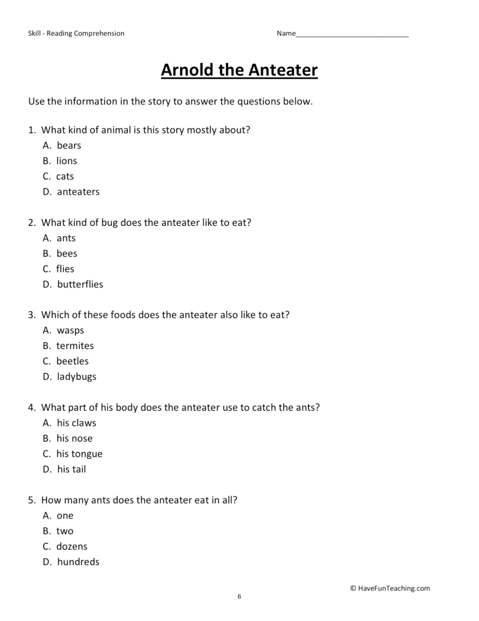 Arnold the Anteater questions: students answer 5 multiple-choice items on what anteaters eat and how they catch ants