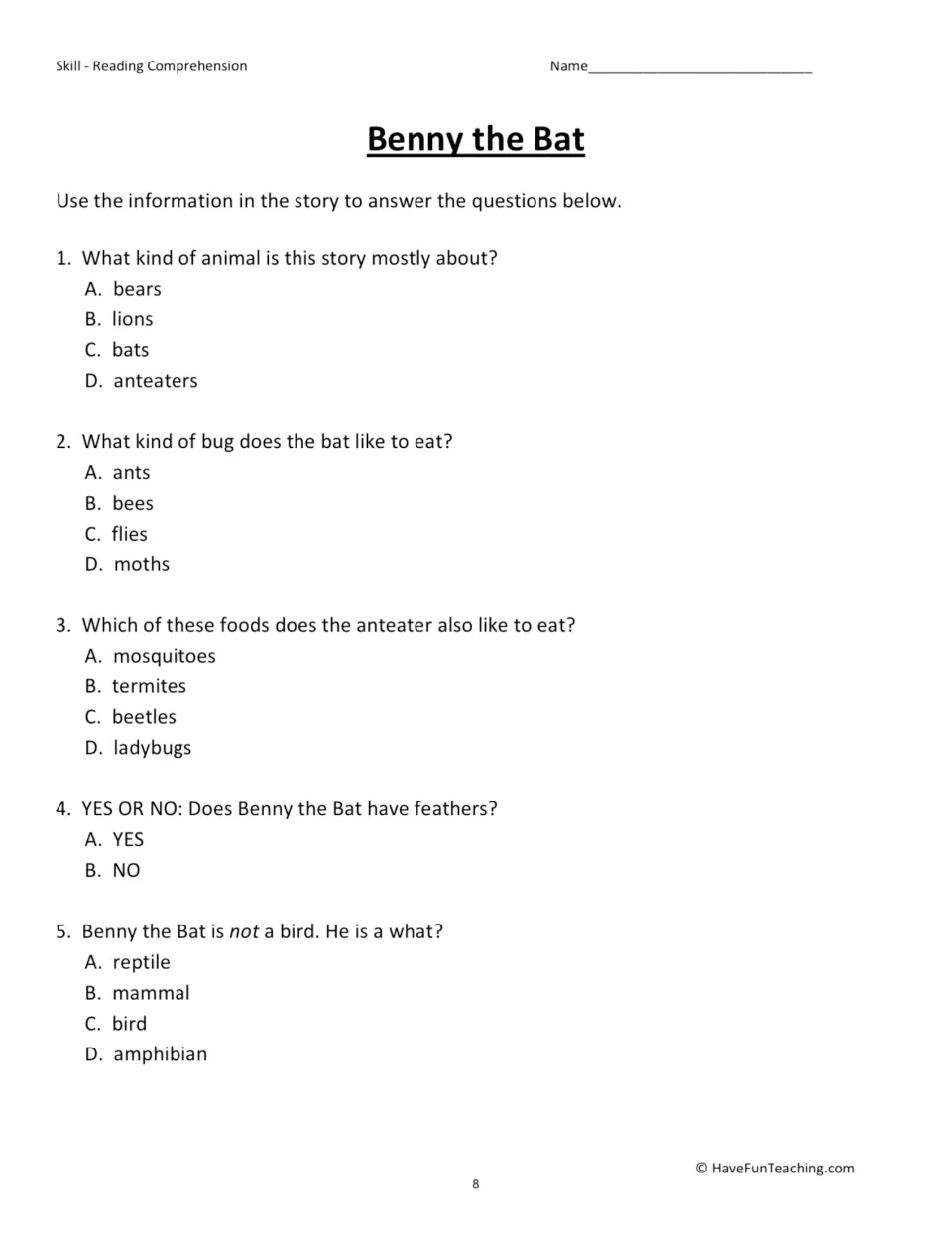 Benny the Bat questions: students answer 5 items on what bats eat, whether Benny has feathers and if he is a mammal