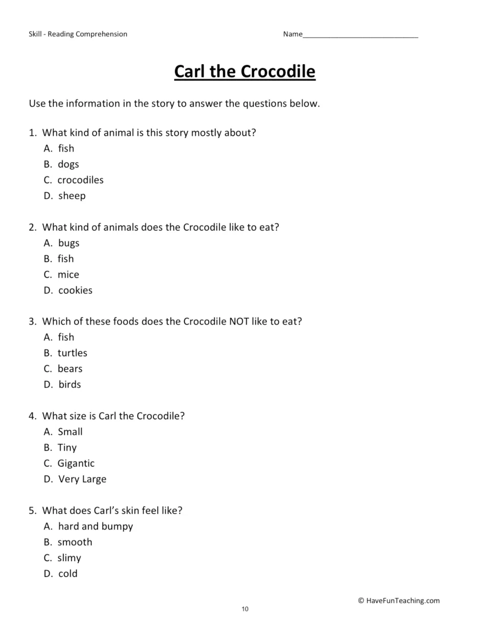 Carl the Crocodile questions: students answer 5 items on what crocodiles eat, what they don't eat, Carl's size and skin