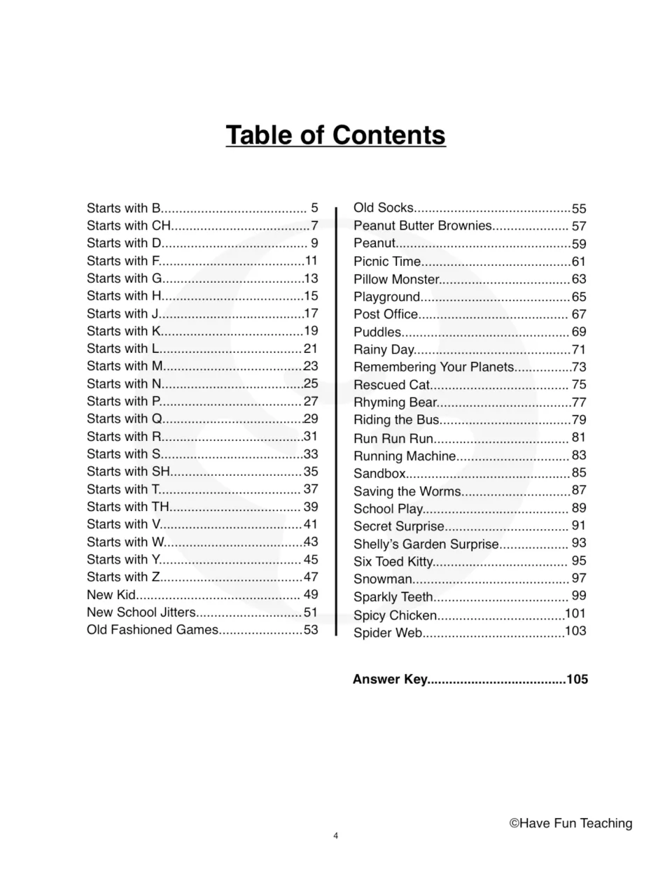 Table of contents listing stories from Starts with B to Spider Web with page numbers, plus the answer key on page 105