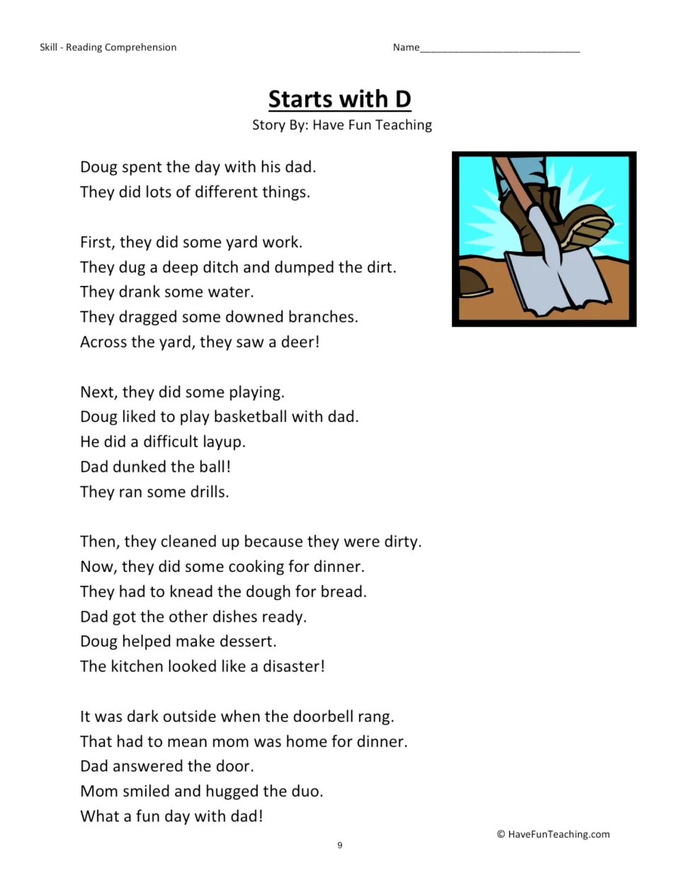 Starts with D story: students read about Doug's day with dad doing yard work, basketball and cooking, rich in D words