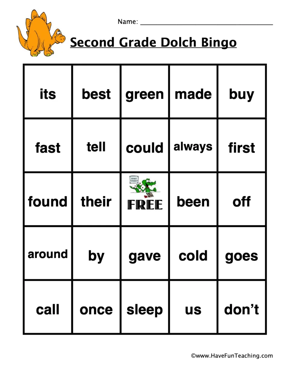 Dolch bingo card 1 with an orange dinosaur: students mark sight words such as its, best, green, made and buy as called
