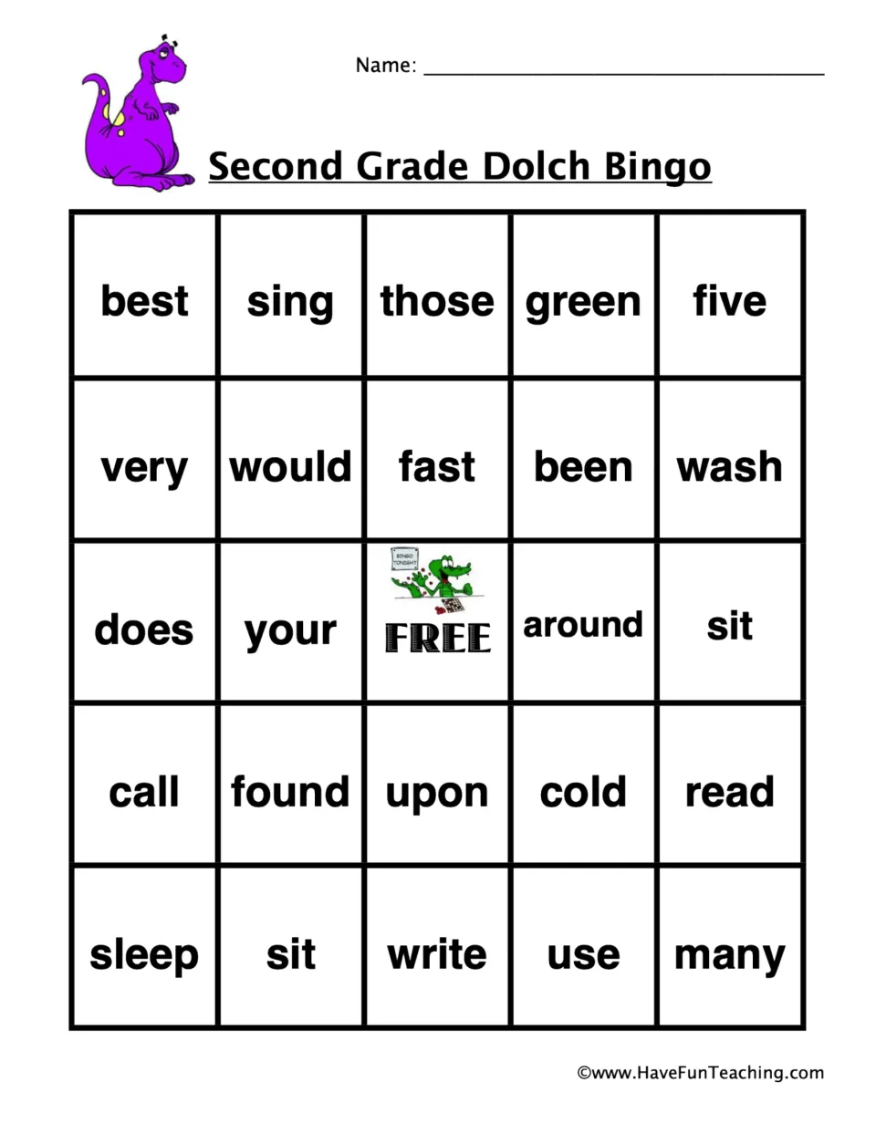 Dolch bingo card 2 with a purple dinosaur: students find and mark sight words like sing, those, five, wash and does