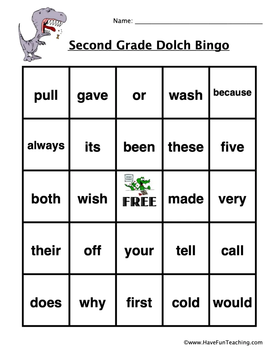 Dolch bingo card 3 with a gray T. rex: students mark sight words including pull, because, these, both and wish
