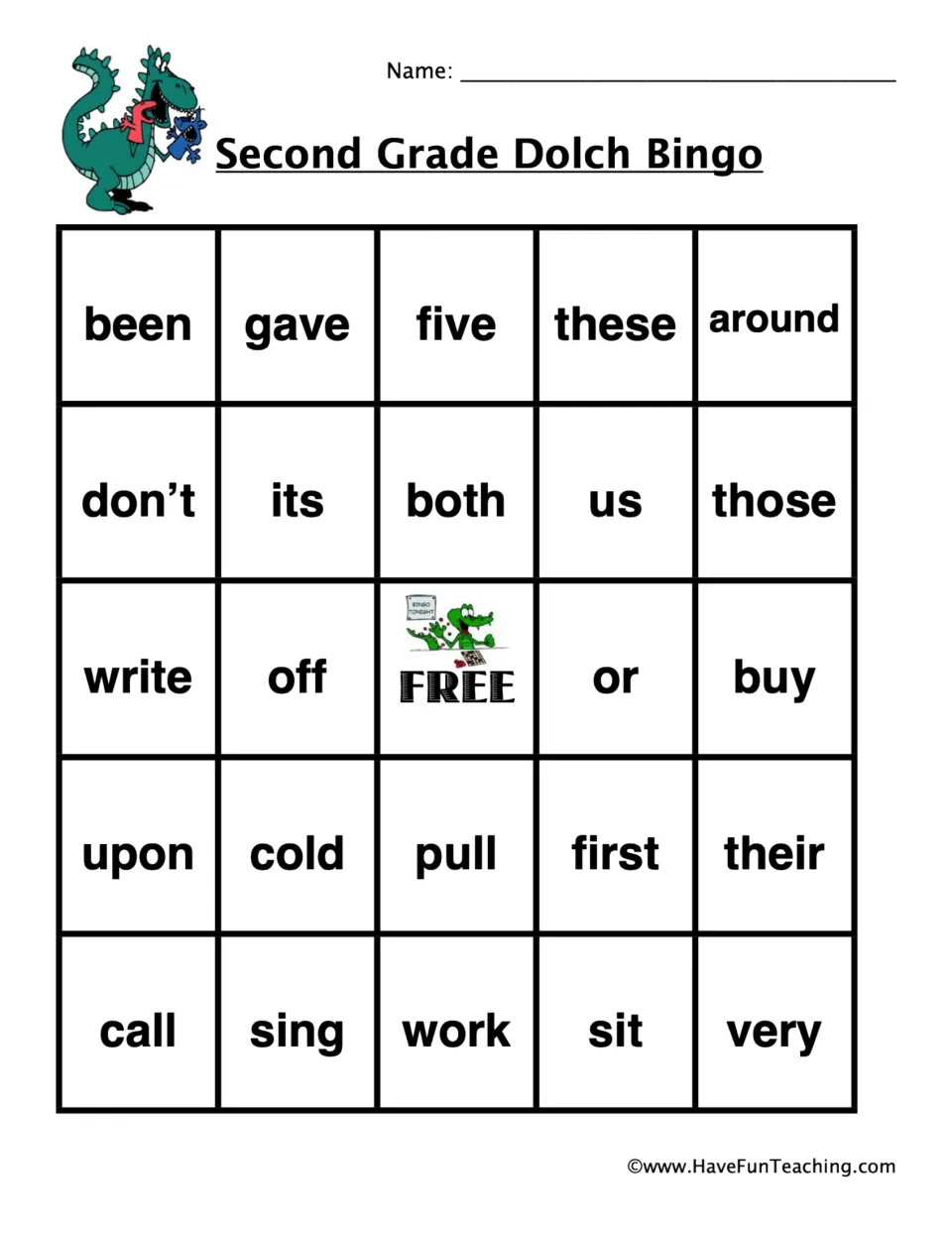 Dolch bingo card 5 with a green dragon: students mark sight words including these, around, those, work and very
