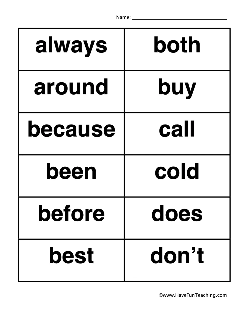 Dolch calling cards always to don't: 12 sight words including because, before, both and buy for the caller to cut out