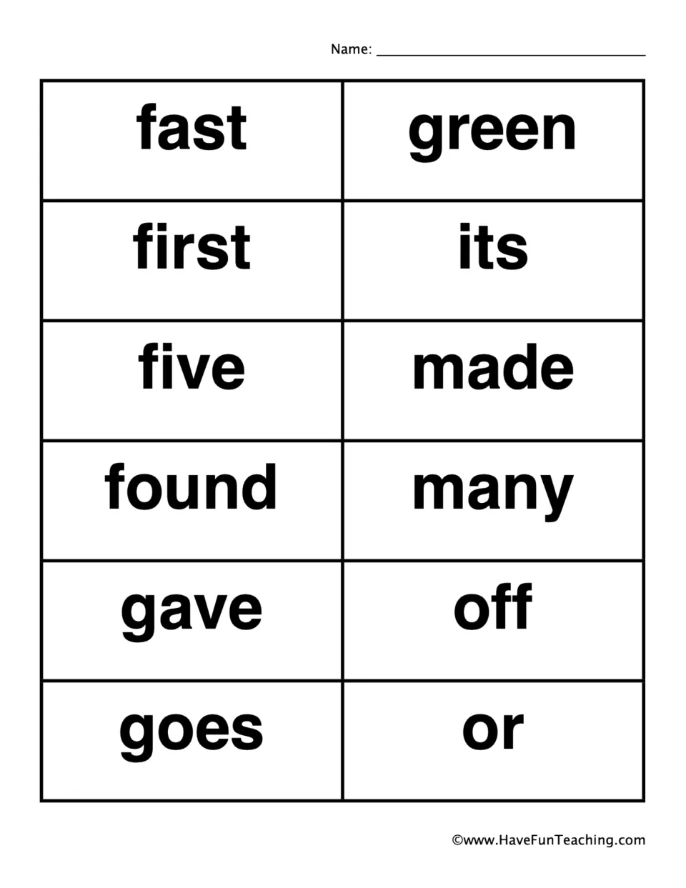 Dolch calling cards fast to or: 12 sight words such as green, five, found, many and goes to cut out and read aloud