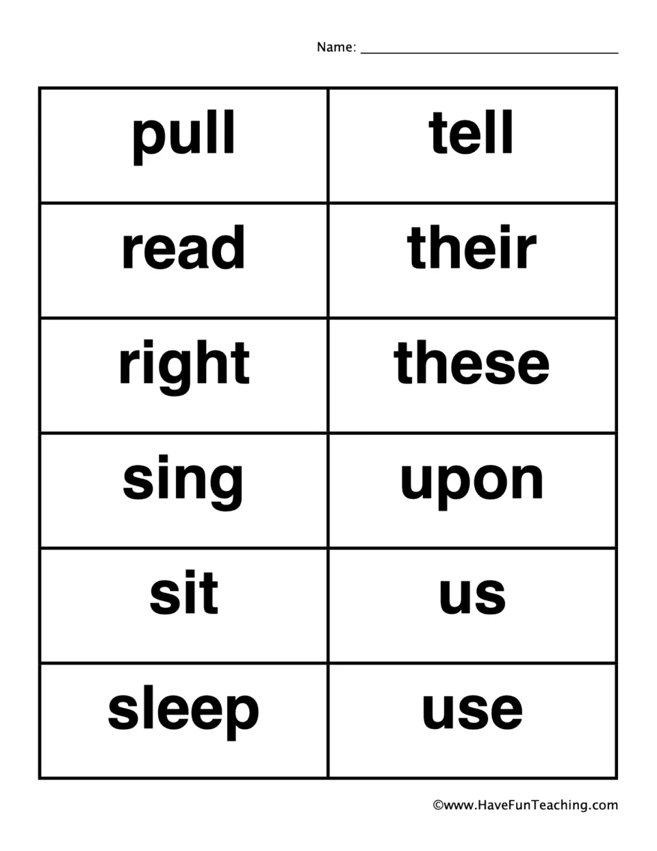 Dolch calling cards pull to use: 12 sight words including read, right, their, sing and upon to cut out for calling