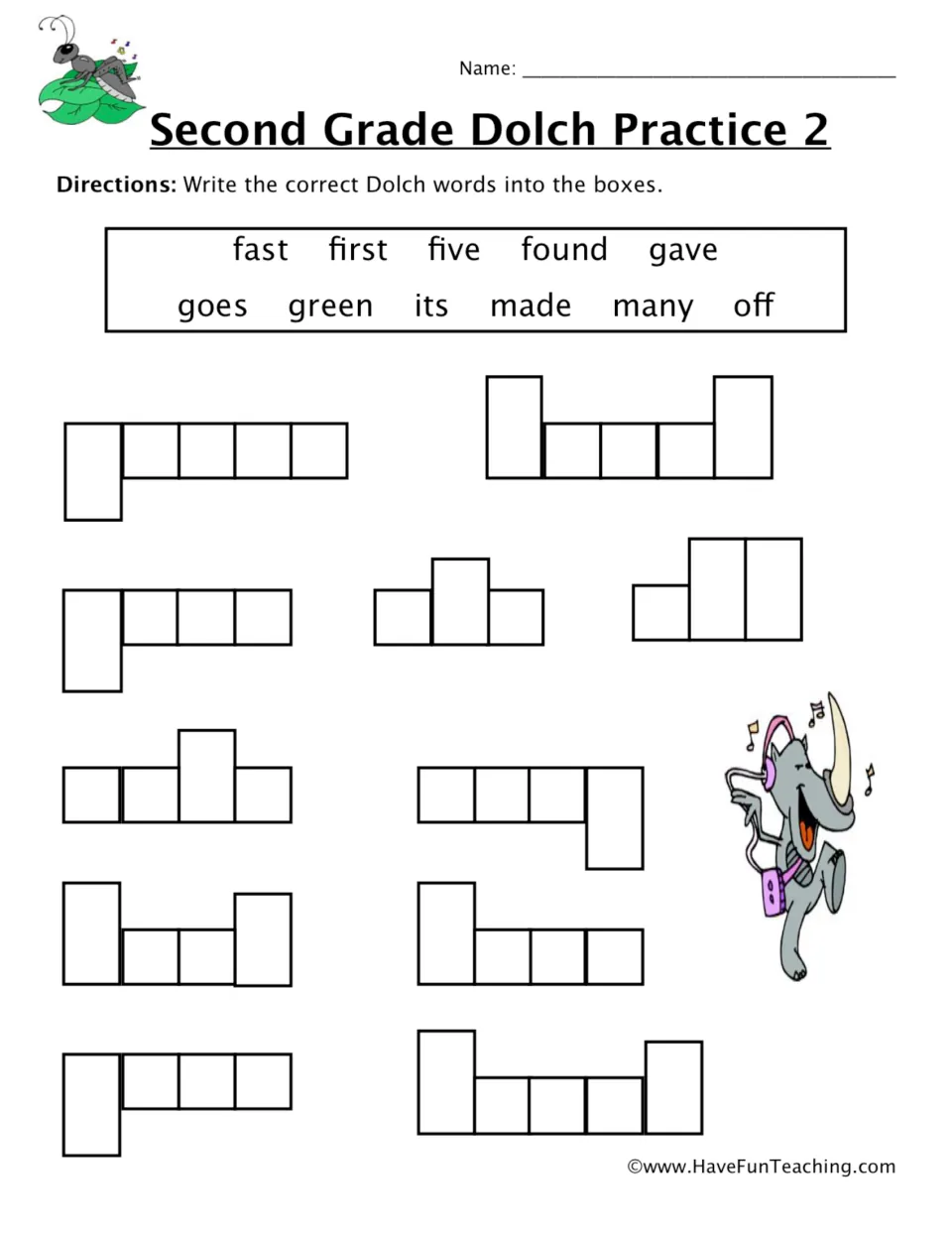 Dolch word writing practice: fast, first, five, found, gave, goes, green, its, made, many, and off