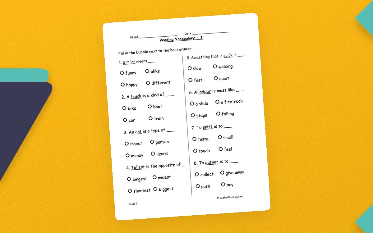 Second Grade Vocabulary Test Practice Worksheet preview: Eight four-option vocabulary questions