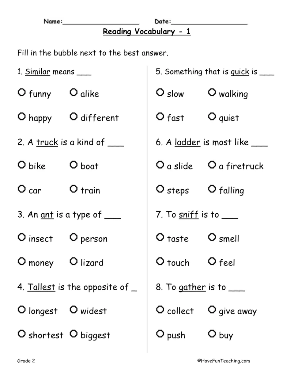 Reading Vocabulary 1: students fill in the bubble for each word's meaning, category or opposite in 8 multiple-choice items