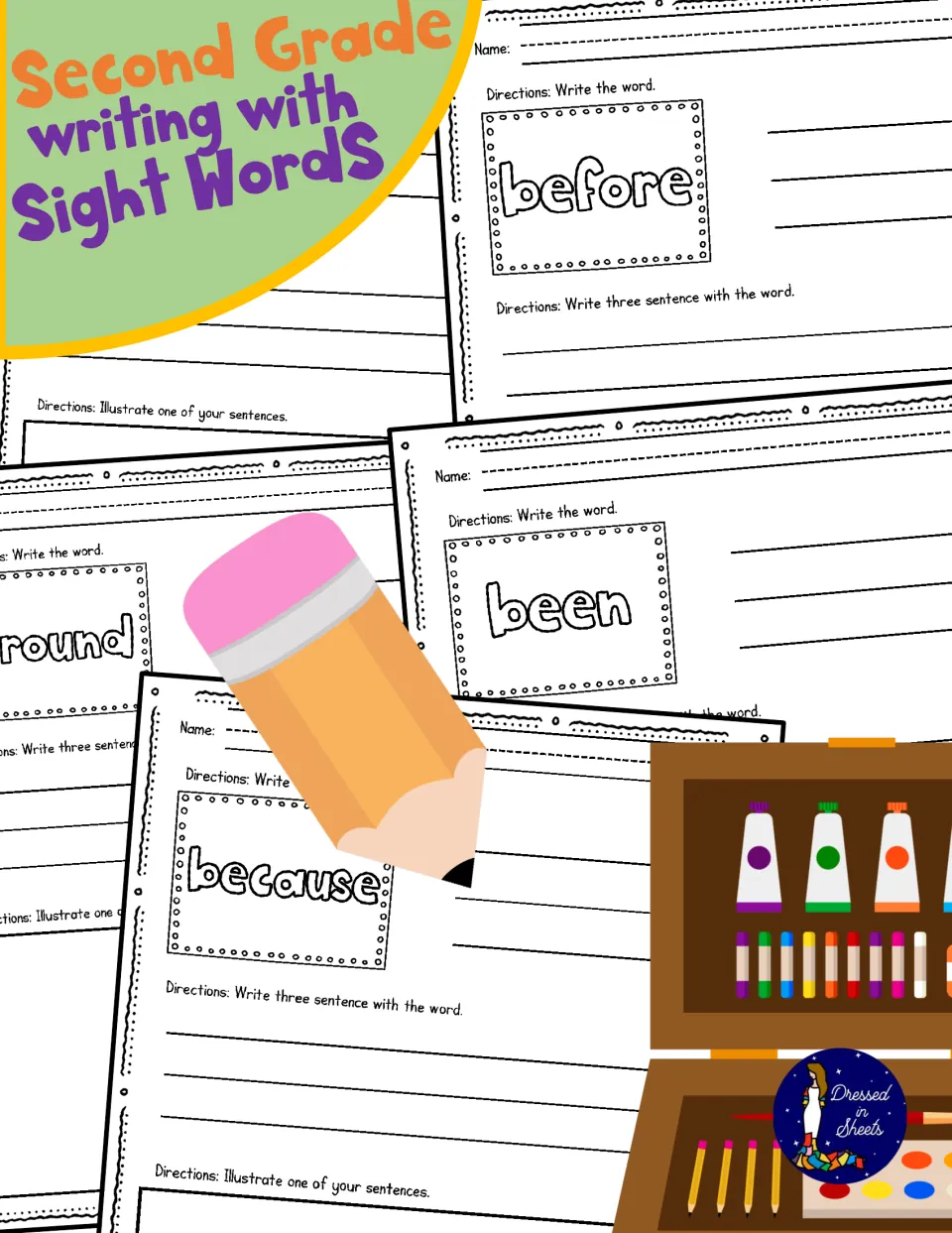 Second Grade Writing with Sight Words cover showing sample pages for the words before, been, around and because