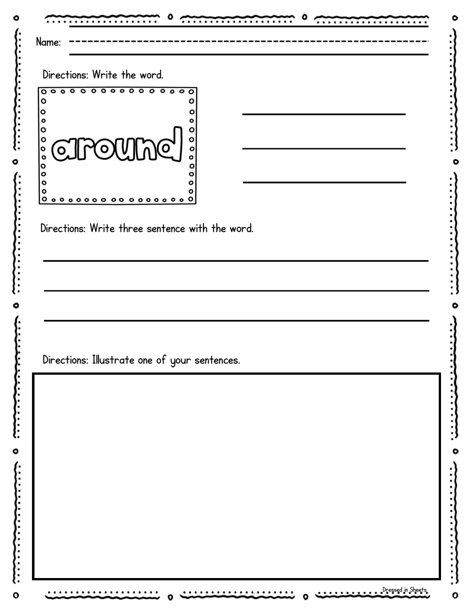 Writing with "around": students copy the sight word three times, compose three sentences using it and draw a picture