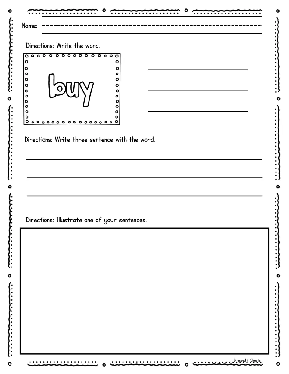 Practising "buy" in writing: students copy the sight word three times, write three sentences and draw one to match