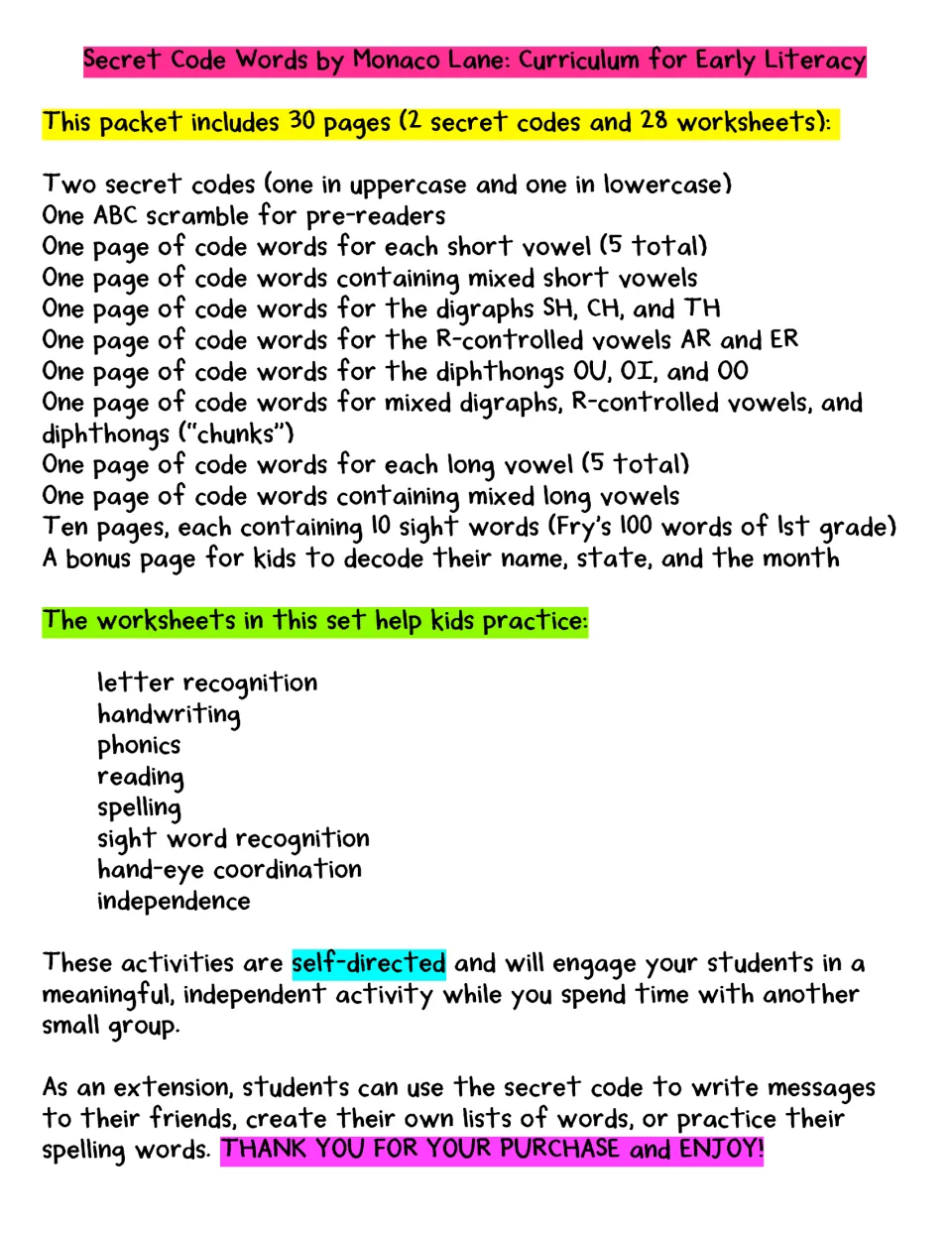 Contents list: 2 code alphabets, ABC scramble, vowel, digraph, diphthong and sight word pages, plus skills practiced